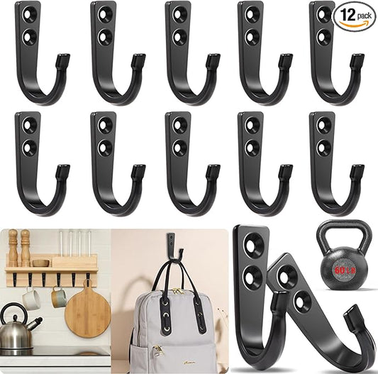 12 Pcs Metal Wall Hooks, Coat Hook, Hooks for Hanging，Suitable for Towels, Hats, Jackets, Backpacks, Keys, Coffee Mugs (Black)
