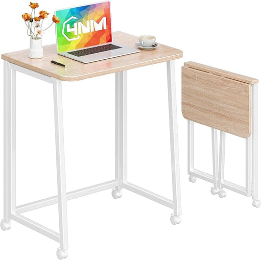 4NM 23.6" Mobile Small Folding Desk, Foldable Rolling Computer Home Office Desk, Study Writing Table for Small Space Saving Bedroom, with Wheels - Natural and White