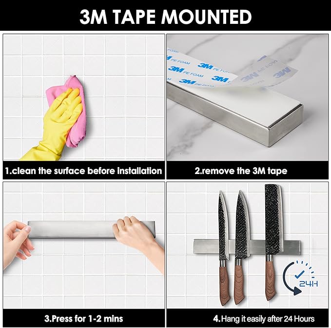 Knife Magnetic Strip - Upgraded 15.7 Inch Stainless Steel Magnetic Knife Holder for Wall with 3M Type, Magnet Knife Strip Bar Rack for Kitchen Utensil & Tool Holder