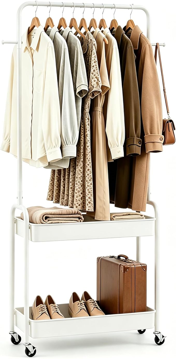 LDAILY Small Rolling Clothes Rack, Heavy Duty Clothing Rack with 2 Baskets, 4 Wheels for Hanging Clothes & Storage, Multi-Purpose Portable Closet for Bedroom, Living Room, Laundry, Small Space (White)