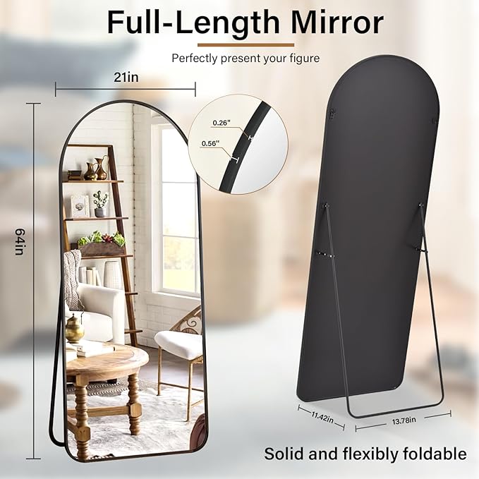 Arched Full Length Mirror 64"x 21" Floor Standing Body Mirror with Round Corner, Leaning Hanging for Bedroom Cloakroom Living Room Black