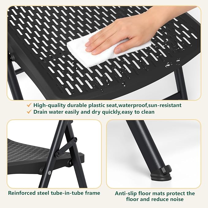 4-Pack Black Folding Chairs, Mesh Plastic Seat with Steel Frame, 400 lbs Capacity, Non-Slip Pads, Easy Clean for Indoor/Outdoor Weddings, Patios & Card Tables