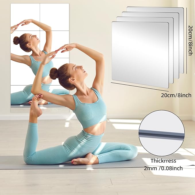 Stick on Small Mirror for Wall Decor,4 Pack 13.8”x13.8” Acrylic Mirror Tiles, Plastic Non Glass Sticky Kids Safety Toddler Mirrors, Shatterproof Mirrors Sheet for Bedroom Closet
