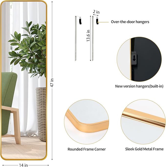Giftgarden 47"x14" Gold Full Length Mirror Aluminum Framed, Modern Long Wall Mirror Tall Full-Body, Wall Mounted or Over The Door Hanging for Bedroom Closet Bathroom, Golden