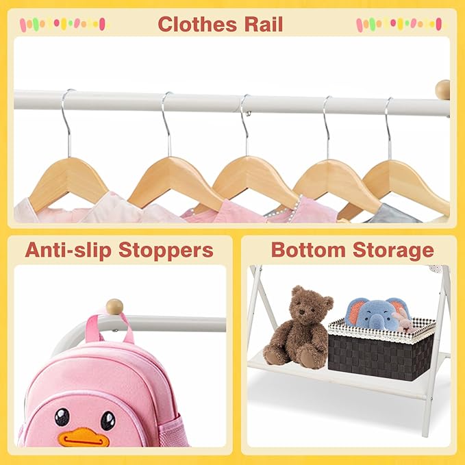 YGJT Kids Clothing Rack 2 Rods, Dress Up Storage for Little Girls with Bottom Storage Shelf, Cute Toddler Wardrobe Cloest Garment for Hanging Coat, Dance Costume, Dresses, Clothes in Bedroom, White