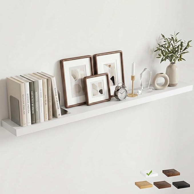 Venusmiles Floating Shelves for Wall, 55 Inch Floating Shelves Set of 1, 6.5" D Wooden Wall Mounted Display Shelves with Invisible Brackets for Living Room, Bedroom, Bathroom, Kitchen Decor, White