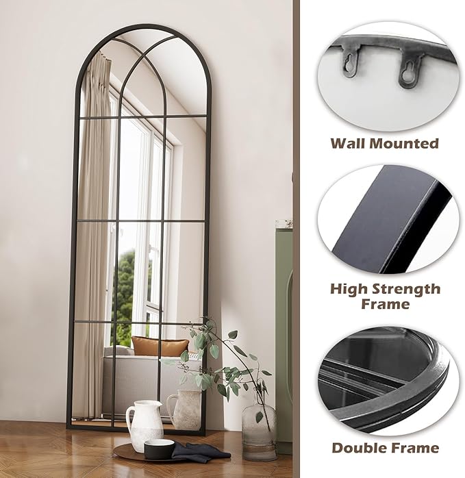 Dewfig 65"x 22" Arched Window pane Full Length Mirror, Wall Mirror, Floor Standing Mirrors, Farmhouse Long Full Body Mirrors Wall Mounted for Living Room, Bedroom, Entryway, Fireplace, Black