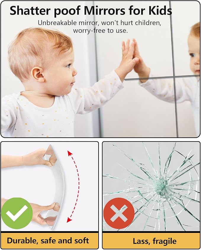 Unbreakable Mirror Tiles, 4PCS 16”x16” Peel and Stick on Mirror for Wall Mirrors Decorative, Toddlers for Kids Bedroom, Plastic Gym Door Small Adhesive Mirrors for Classroom Decor Stickers