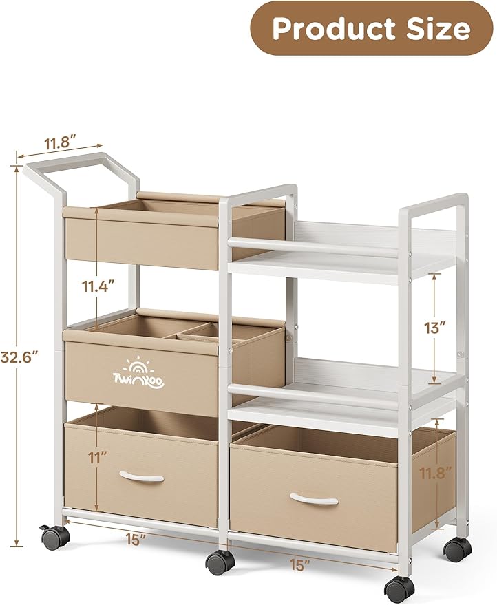 Twinkoo 2-in-1 Baby Diaper Caddy Organizer, 3 Tier Rolling Storage Cart with Dividers and Drawers, Baby Essentials for Nursery Storage, Mobile Utility Cart with Wheels Large Capacity Easy to Assemble