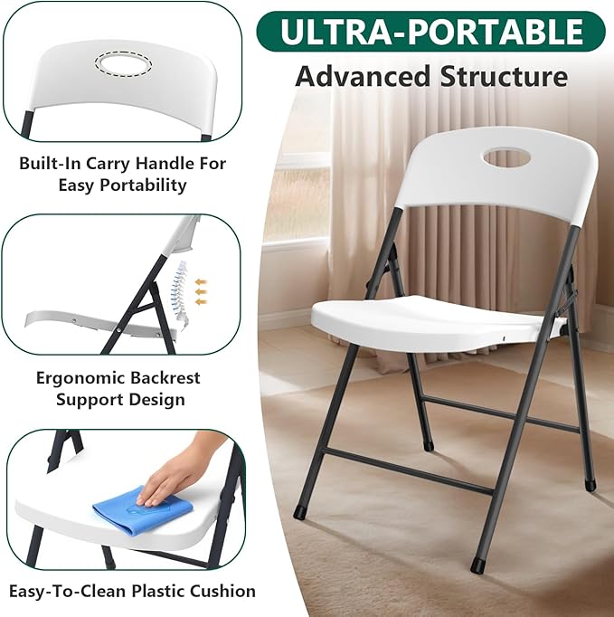 10 Pack White Folding Chair, Plastic Portable Stackable Commercial Seats with Steel Frame 350lb, Heavy Duty Foldable Chair for Indoor and Outdoor, Patio, Office, Picnic, Kitchen, Events