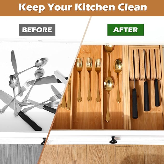 Baderke Bamboo Kitchen Drawer Organizer, Knife Drawer Organizer Drawer Dividers for Kitchen Utensils and Storage Knives Kitchen Steak Knives Holder Organizers Block Insert Dock for Drawer in Storage