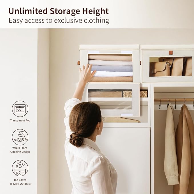 Homsorout Large Closet Storage Bins - Collapsible Clothing Organizer with Handles & Window, Decorative Bin with Lids, Linen Closet Organizers for Living Room, Dorm, 6 Pack, Beige