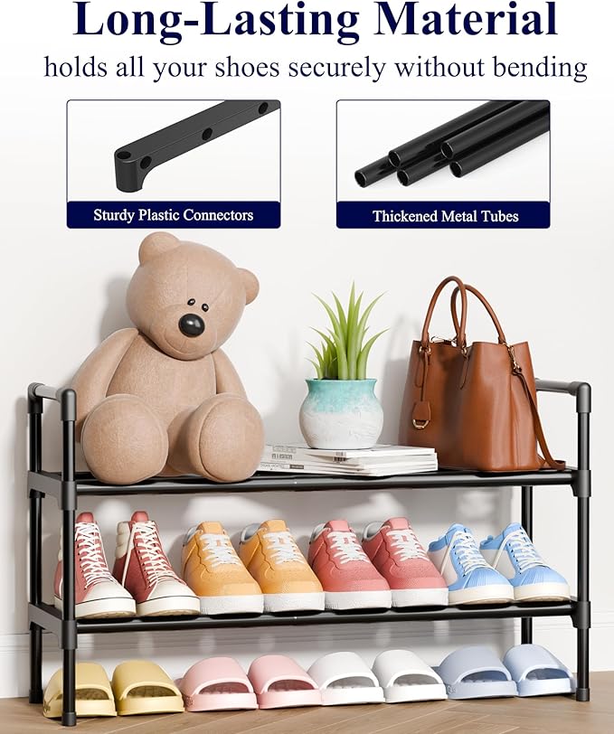 Kitsure Shoe Rack for Closet - Expandable Shoe Rack for Entrance, Rustproof Shoe Organizer for Entryway with Portable Handles, Black, 17.3″~30.2″L x 16.3″H