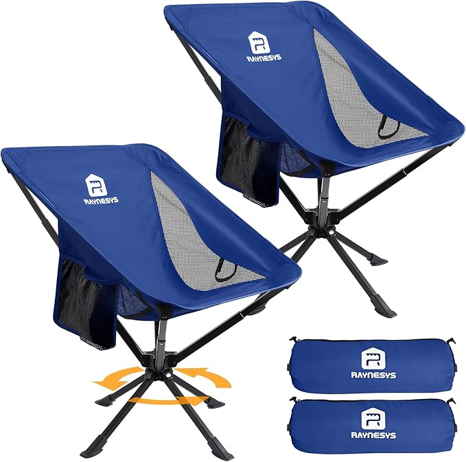 Raynesys 2 Pack Portable Camping Chair, Flexible 360° Rotation, 8 Seconds Quick Setup Folding Camping Chair, 3.8Lb Lightweight Travel Chairs for Easy Carry to Hiking, Sporting, Beach, Blue