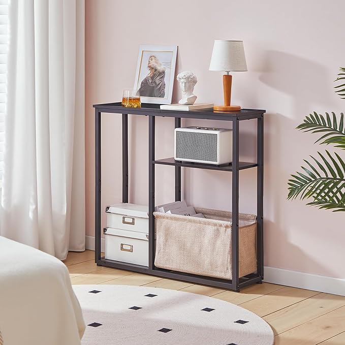 HOOBRO Narrow Console Table with Storage Basket, 29.5" Small Entryway Table with 3-Tier Storage Shelves, Behind Couch Sofa Table, Hallway Table for Living Room, Black and Beige BB60XG01