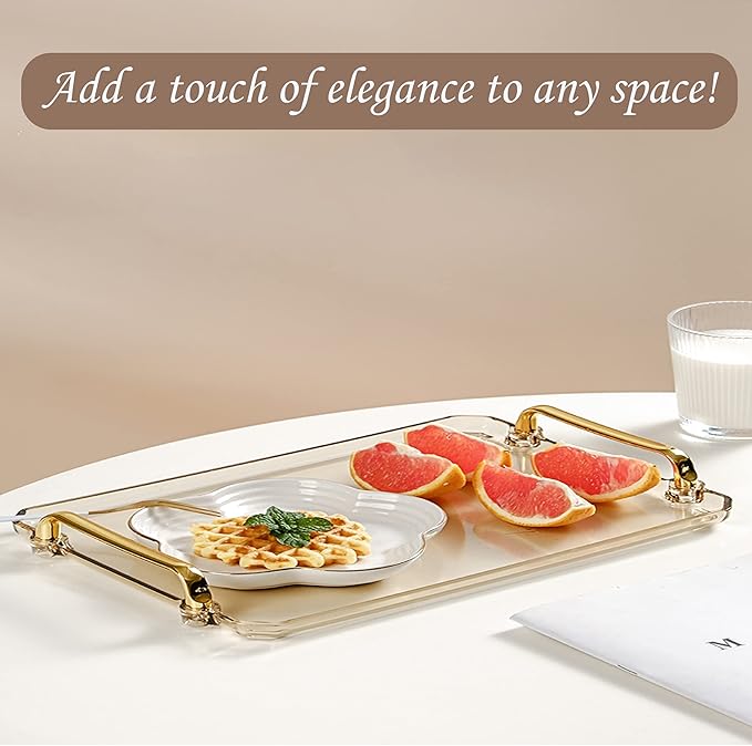 Acrylic Serving Tray with Handles Ottoman Countertop Decorative Tray Serving Tray Spill-Proof Tray for Coffee Table Living Room Bedroom16 x 9 x 0.8 inches (Amber)
