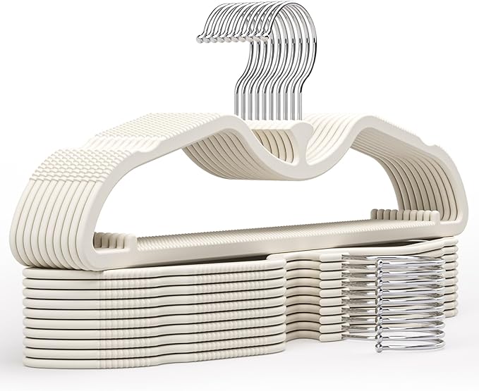 20 Pack Short Neck Hangers - Lifts Clothes 3" Higher to Prevent Dragging, Upgraded Liquid Silicone Non-Slip Hangers, Lint-Free Alternative to Velvet Hangers, Closet Organization, Cream