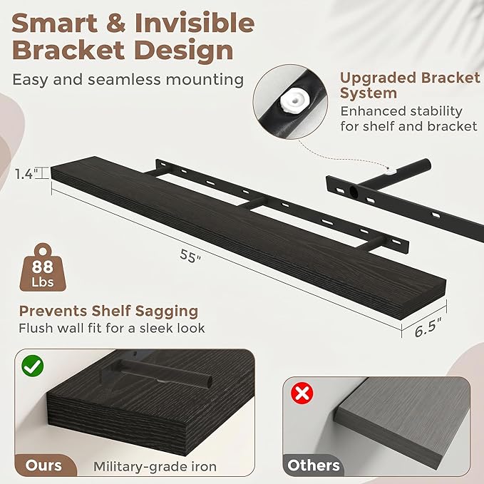 Venusmiles Floating Shelves for Wall, 55 Inch Floating Shelves Set of 2, 6.5" D Wooden Wall Mounted Display Shelves with Invisible Brackets for Living Room, Bedroom, Bathroom, Kitchen Decor, Black