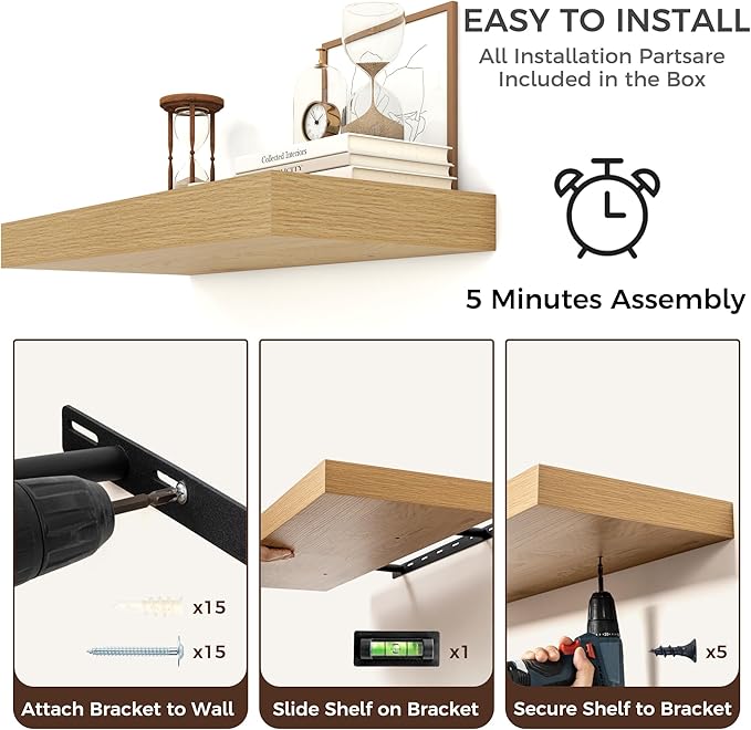 Venusmiles Floating Shelves for Wall, 20 Inch Floating Shelves Set of 2, 6.5" D Wooden Wall Mounted Display Shelves with Invisible Brackets for Living Room, Bedroom, Bathroom, Kitchen Decor, Oak