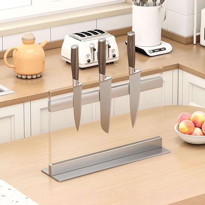 THMINS Acrylic Magnetic Knife Block, Large Transparent Magnetic Knife Holder Double-Sided Magnetic Kitchen Countertop Universal Knife Display Stand Multifunctional Storage
