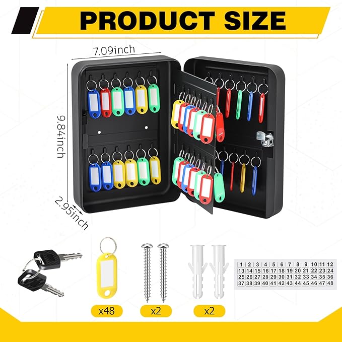 Ripeng 48-Keys Steel Key Lock Box - Wall Mount Key Cabinet with Colorful SecureTags & Hooks Keys Organizer Storage for Home Office Hotel Rental Business Property Management, Black