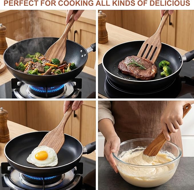 Wooden Spatula for Cooking Utensils Set Acacia Wood Spatulas for Kitchen Use Non Toxic Serving Utensil Slotted Turner Wood Scraper Flat Baking Cooking Spatula Non Stick Spurtle Wok Kitchen Utensils