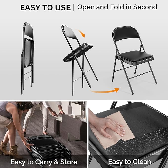 VINGLI 2 Pack Folding Chairs with Padded Seats, Metal Frame with Pu Leather Seat & Back, Capacity 350 lbs, Set of 2, Black