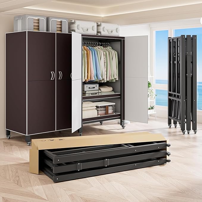 Heavy Duty Covered Clothes Rack with Magnetic Door Foldable Portable Wardrobe Closet for Hanging Clothing Rolling Black Metal Garment Rack on Wheels Closet System (Brown, 70.89in)