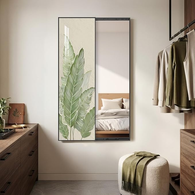 Framed Sliding Wall Mounted Full Length Mirror, Large Vertical Modern Minimalist Green Botanical Print Mirrors Artwork for Walls, Full Body Mirror for Living Room, Bedroom, Hallway, Entryway, 16X52 In