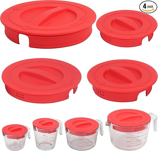 4 Pack Silicone Replacement Lids, Respectively Fits Pyrex 1-Cup, 2-Cup, 4-Cup & 8-Cup Tempered Glass Liquid Measuring Cups, Reusable & Food-Grade, Dishwasher & Microwave Safe (Cups not Included)