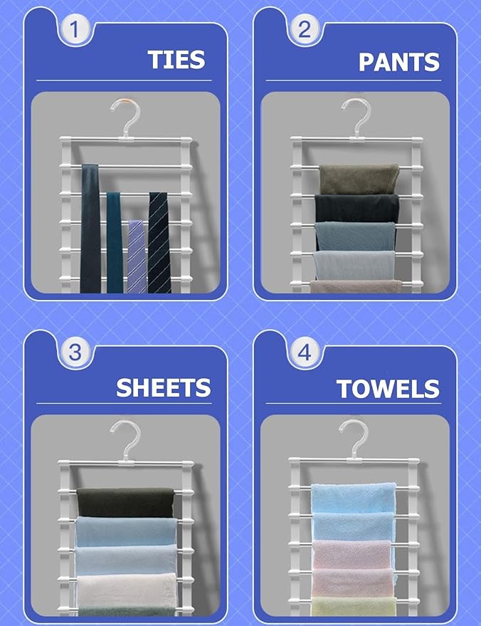SEVEN LUCKY LIGHT 6 Tier Pants Hangers Space Saving up to 80%, 3 Packs Cloud Ladder Vertical Hangers for Pants, Leggings, Organizers for Apartment & Small Wardrobe Storage, Dorm Room Essentials