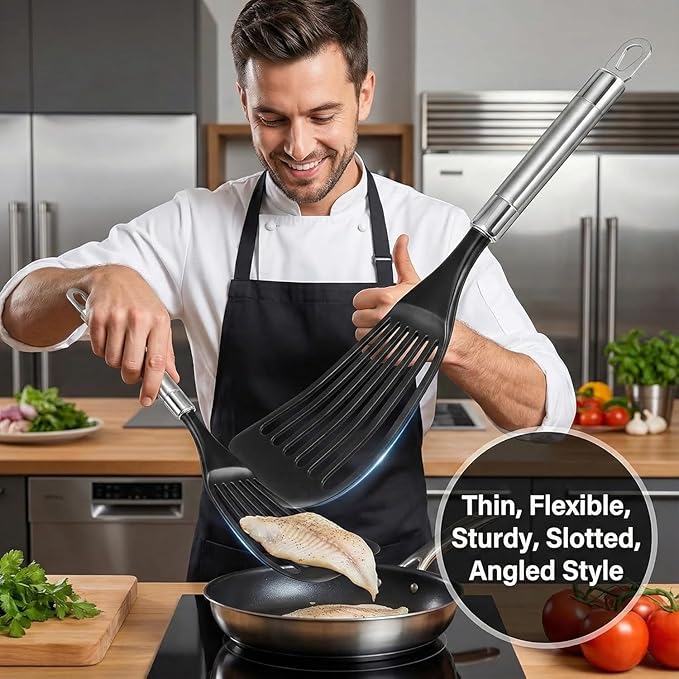 KSENDALO Thin Flexible Nylon Fish Spatula for Nonstick Cookware Fish Spatula Egg Flipper Hollow Steel Handle, LFGB Certified Nylon Thin Blade Sturdy Hollow Handle Dishwasher Safe- Silver/Black