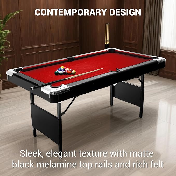 7 Foot Pool Table for Family, Foldable No Assembly Pool Table with Balls, Cues, Chalk, Rack & Brush, Portable Billiards Game Table for Apartment, Basement, Office & Game Room