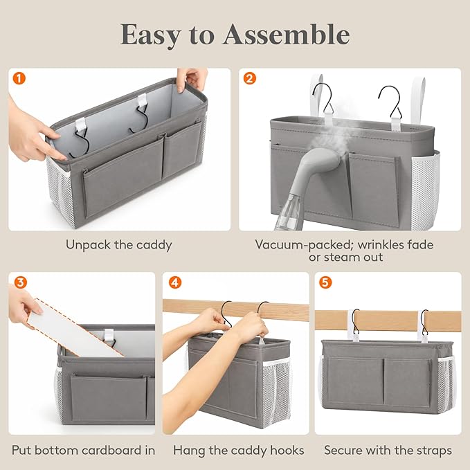 Lifewit Bedside Caddy Storage Organizer, Hanging Storage Bag with Fixed Straps, Book Remotes Holder for Home, College, Dorm, Bunk, Hospital, Crib Bed Rails, Grey