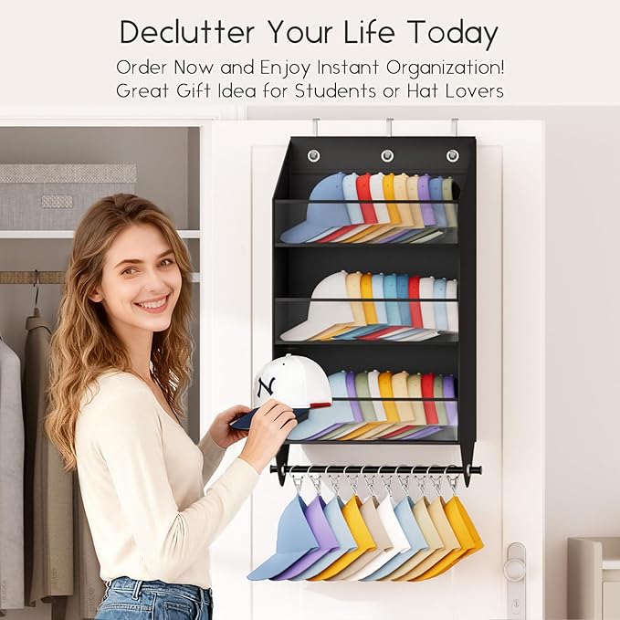 Homsorout Over the Door Hat Rack - 3-Layer Design Hat Organizer Holds 30-36 Hats with 10 Hooks, Ideal Hat Rack for Door, Over the Door Organizer for Closet, Apartment, Bedroom, Dorm, 2 Pack, Black