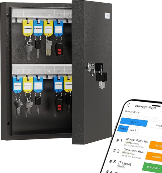 32-Keys Key Lock Box Key Management App (Track Key Borrow/Return), Wall Mount Key Cabinet, Security Key Holder Lockbox for Home, Garage, Car Key Storage for School, Small Office, Hotels