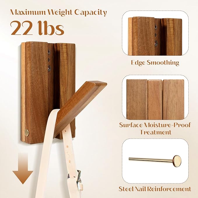 Stylish Wall-Mounted Coat Hat Hooks & Key Holder – Rustic Solid Wood, Space-Saving Retractable Design for Entryway & Bathroom - Heavy Duty 2-Pack Foldable Hooks for Towels, Bags & More