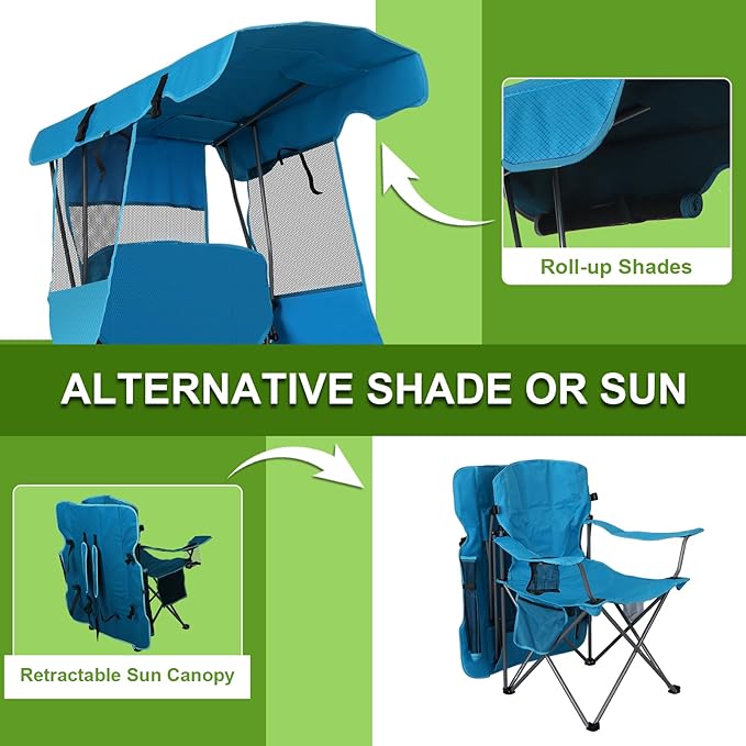 Romswi Large Folding Canopy Camping Chairs for Adult 2 Pack, Portable Outdoor Chairs with Sunshade,Cup Holder & Side Pocket for Camping, Fishing, Beach, Backyard, Sea Blue
