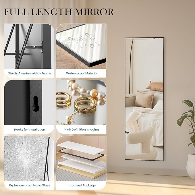 NEWBULIG 59.1"x15.7" Full Length Mirror, Full Body Floor Mirror with Aluminum Alloy Thin Frame, Wall or Standing Mirror for Bedroom, Living Room, Dressing Room, Black