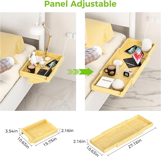 MinBoo Expandable Nightstand Shelf Bamboo College Caddy for Top Bunk Clip Bedside Shelf Floating Bed Side Table Tray Storage Dorm Room Decor College