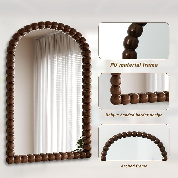 31"×32" Brown Arched Bathroom Vanity Mirror, Vintage Beaded Decorative Wall Mounted Makeup Mirror, as Wall Decor Hanging Leaning for Fireplace Mantle, Living Room, Bedroom, Vanity Area