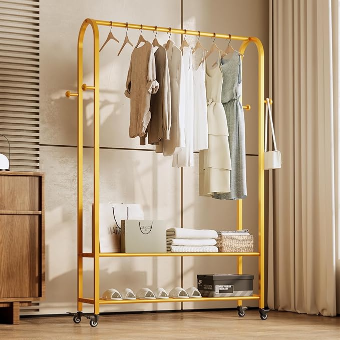 Sturdy Heavy Duty Clothes Rack With Wheels,Modern Clothing Rack With Shelves & hooks, Garment Racks for Hanging Clothes,Closet Rack for Bedroom,49.21in Wide,Clothes Storage and Display (gold)