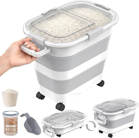 30 Lbs Rice Storage Container with Wheels, Collapsible Airtight Dog Food Storage Container with Transparent Lid, Measuring Cup, Scoop, Handle, BPA Free Rice Holder for Pet Food, Grain, Bird Seed