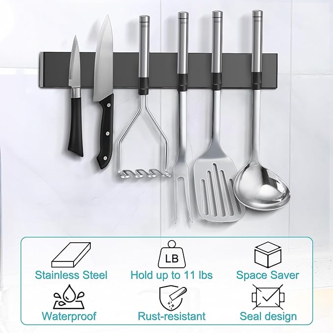 Magnetic Knife Holder for Wall with 3 Hooks, No Drilling Magnetic Knife Strip Adhesive Knife Holder Magnet Knife Bar, Wall Mount Knife Rack Block Metal Tool Holder for RV Kitchen Organization, 10 Inch