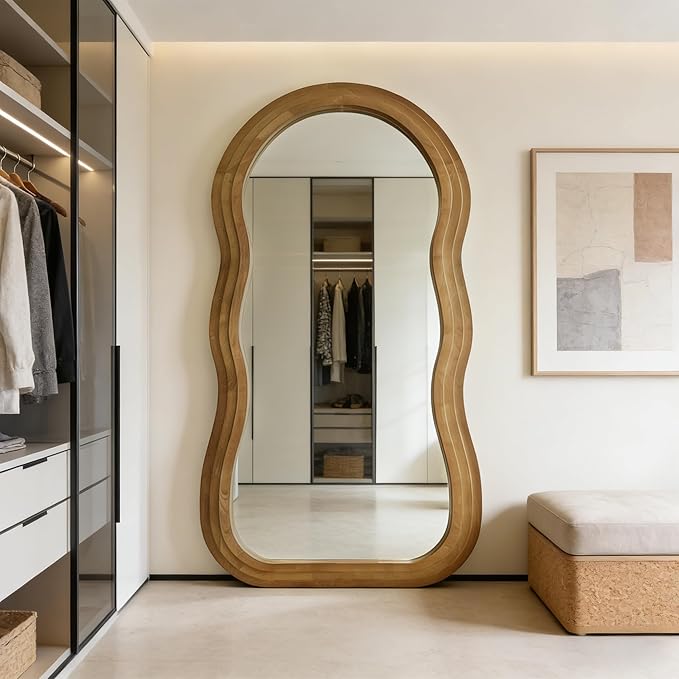 Wavy Full Length Mirror, 71"x33.5" Oversized Organic Floor Mirrors with Triple-Layer Solid Wood Frame, Large Irregular Full Body Mirror for Living Room Entryway Cloakroom, Leaning/Hanging
