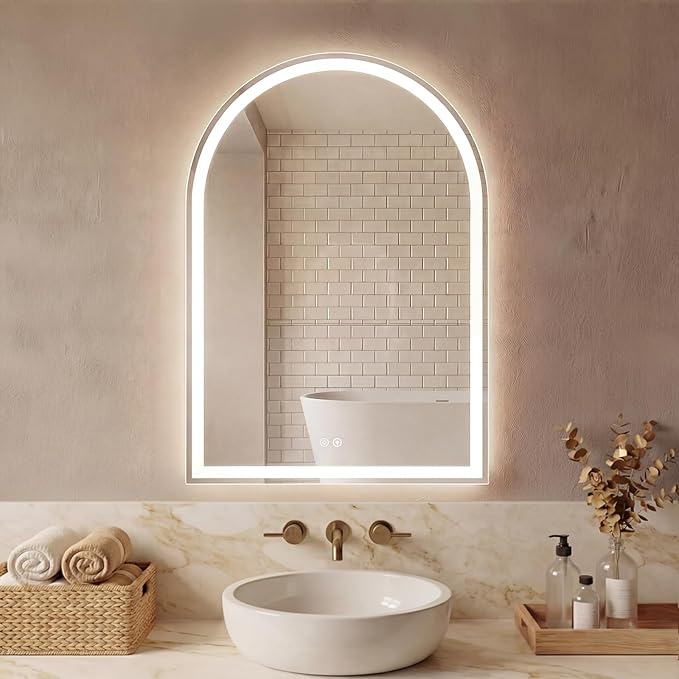 Sweetcrispy 24"×36" LED Arched Bathroom Mirror with Lights, Arched Lighted Bathroom Vanity Mirror with Anti-Fog, Dimmable, 3-Color Light, Memory Function, Tempered Glass