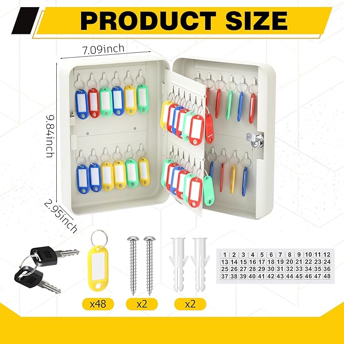 Ripeng 48-Keys Steel Key Lock Box - Wall Mount Key Cabinet with Colorful Secure Tags & Hooks Keys Organizer Storage for Home Office Hotel Rental Business Property Management, White