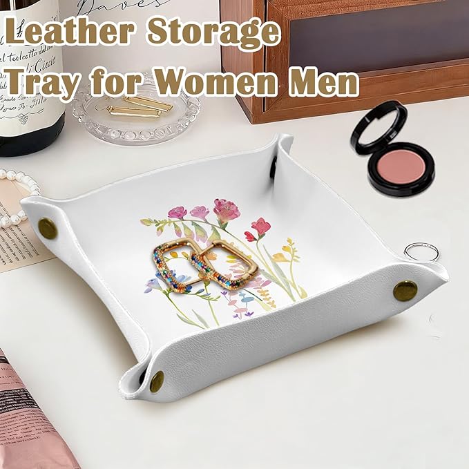 Floral Leather Jewelry Valet Tray, Watercolor Flower Botanical PU Leather Catchall Beside Caddy Nightstand Organizer Tray for Jewelry Rings Watches Keys and Accessories, 7.8x7.8inch