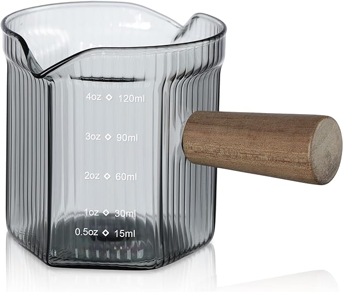 Joeyan 4 oz Grey Double Spouts Measuring Triple Pitcher Milk Cup with Wood Handle,Ribbed High Borosilicate Glass Measuring Cup, Espresso Shot Glasses