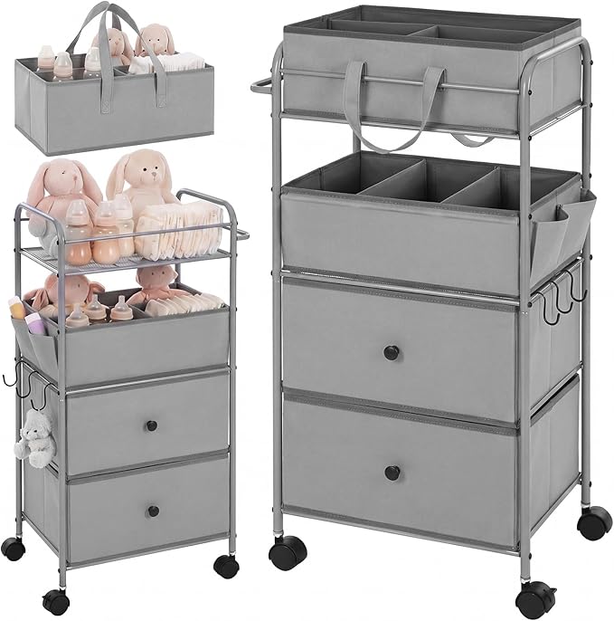 FoldTier 3In1 Baby Diaper Caddy Organizer Cart 4 Tier Large Capacity Metal Utility Bedside Rolling Cart with Divider Newborn Registry Nursery Essential Must Have Bedroom Gift Baby Shower(Gray)
